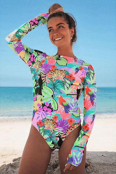 Tropical and Bird Print Backless UPF50+ Rash Guard
